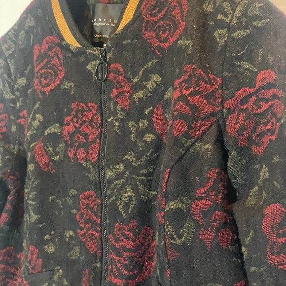 Sanctuary Womens Bomber Jacket Black Red Floral Rose Jacquard Zip Up Varsity XS - Picture 1 of 9